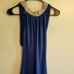 Blue sleeveless party dress with sequin neckline